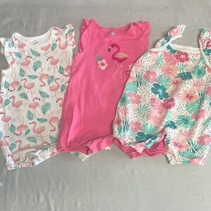 Rococo - set of 3 Pink and White Rompers with tropical flamingo design